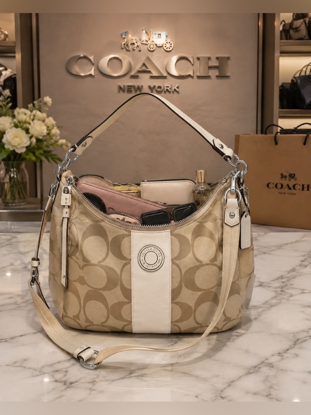 COACH Signature Stripe Convertible Hobo Crossbody Bag Khaki White F19281 EUC